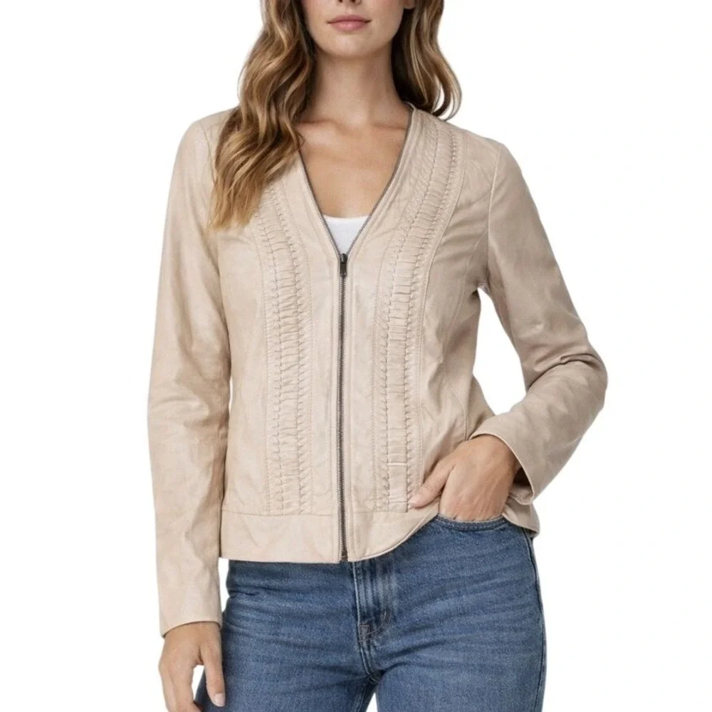 Hinge Genuine Leather Jacket M Beige Tan Woven Braided Zip Collarless Moto Luxe - Picture 1 of 6